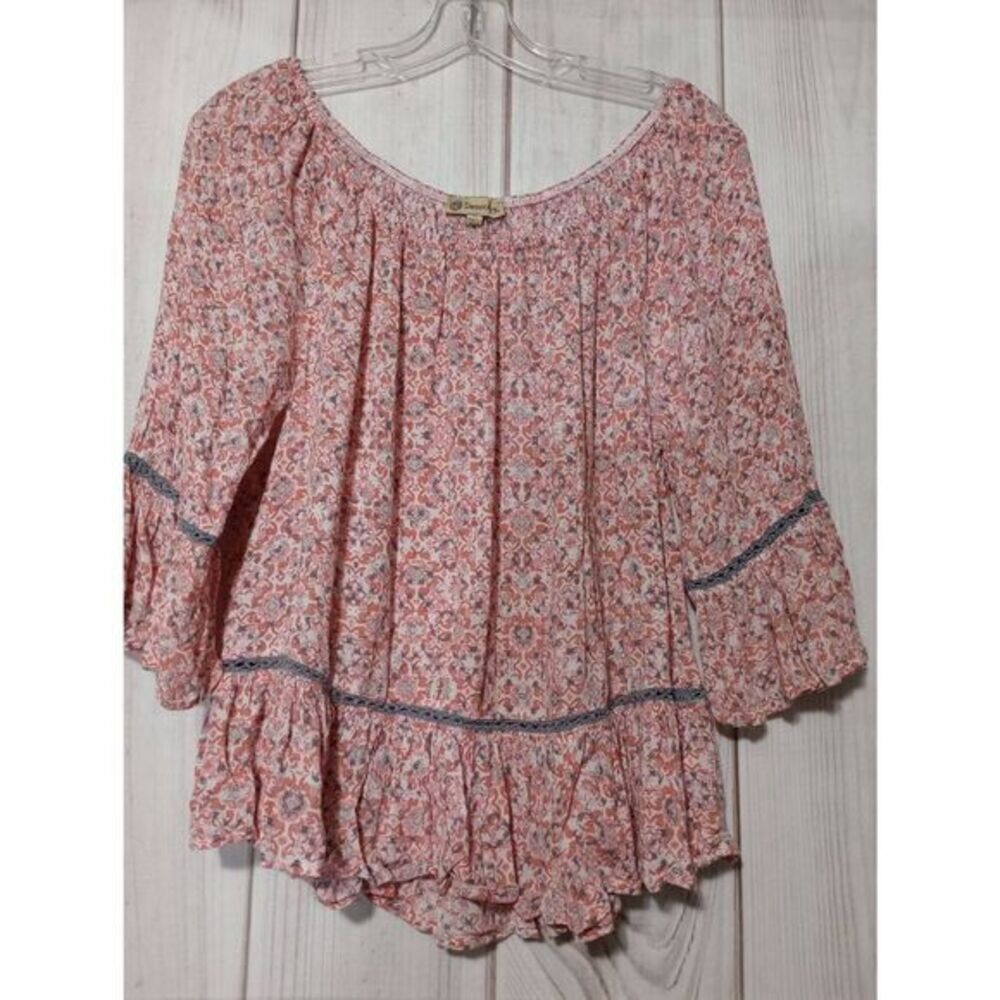 Democracy Womens Boho Floral Peasant Top Pink White Lace Bell Sleeve CottageCore